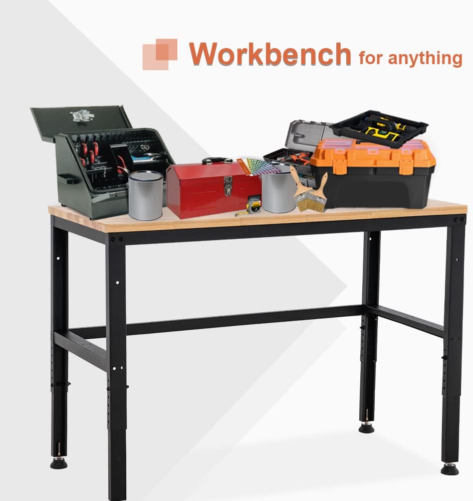Mcombo Garage Workbench with Solid Acacia Wood Tabletop, Overall Steel Frame Worktable for Garage, Workstation for Workshop and Home Improvement WD48