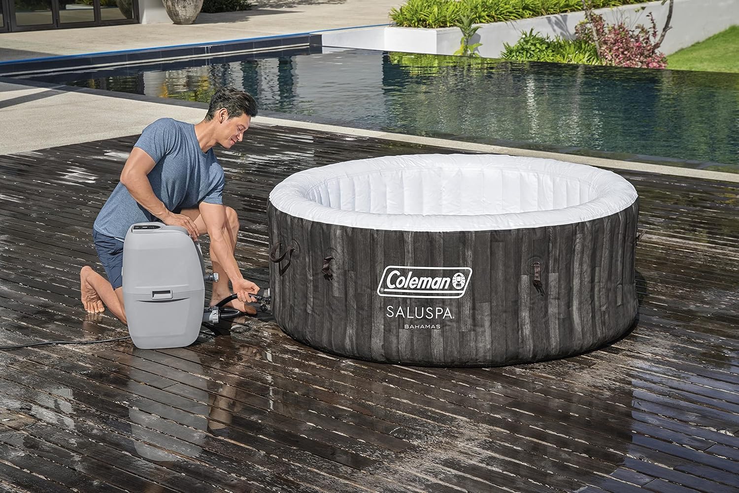 Inflatable Coleman 90455 SaluSpa Bahamas 71-Inch x 26-Inch 4 Person Outdoor Portable Hot Tub Spa with 120 Air Jets, Pump, 2 Filter Cartridges