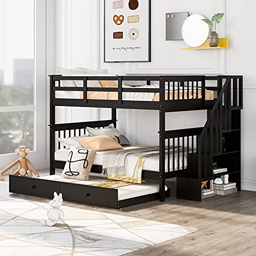 Harper & Bright Designs Twin Over Twin Bunk Bed with Stairs and Trundle, Solid Wood Stairway Bunk Bed Frame with Storage