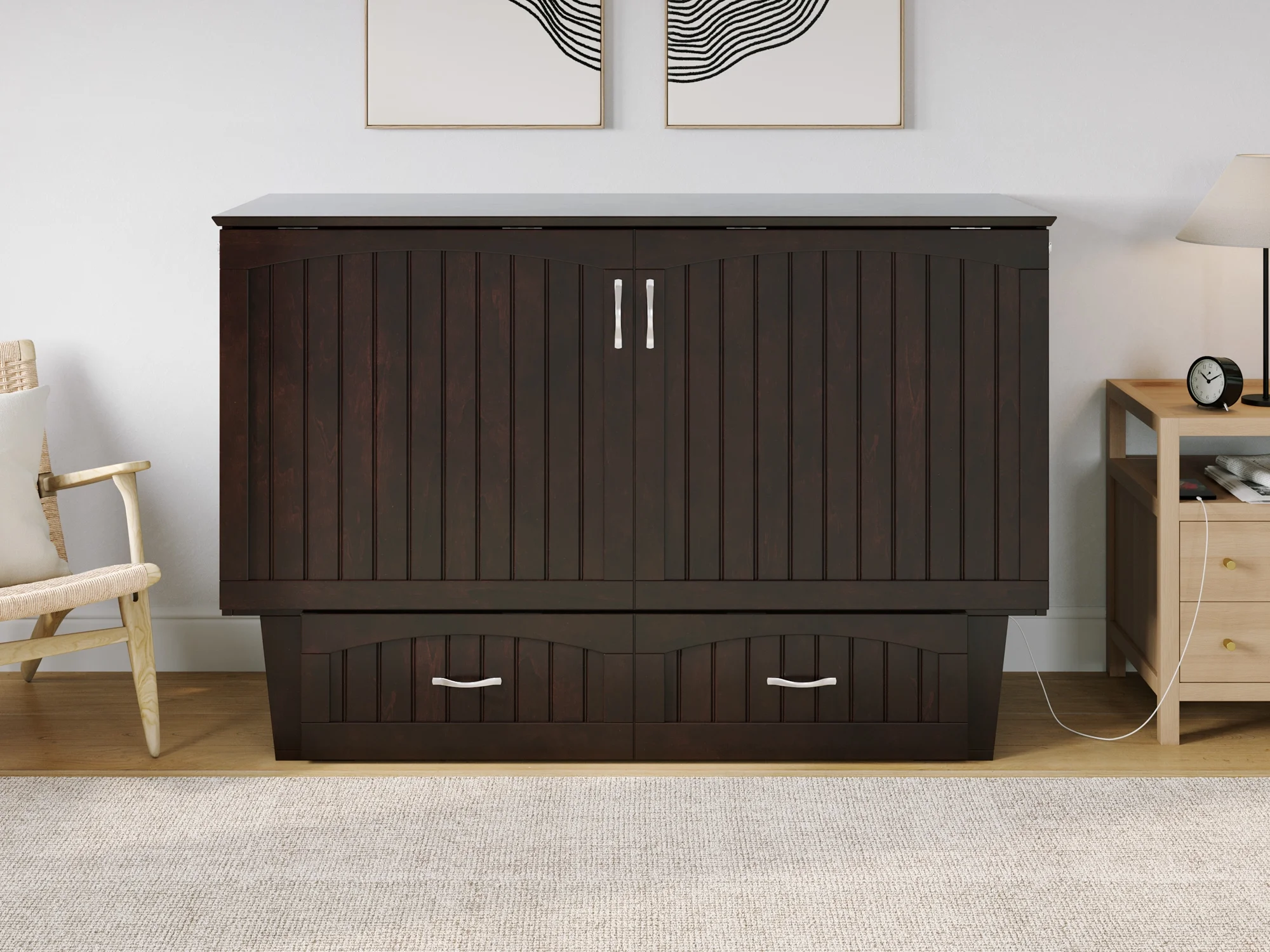 AFI Nantucket Queen Solid Wood Murphy Bed Chest with Mattress, Drawer & Charger in Espresso