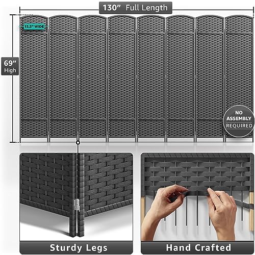 Sorbus 8-Panel Black Room Divider with Double Hinged Panels, 6 ft Tall Folding Privacy Screen