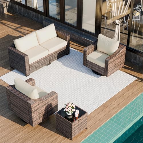 Outdoor Patio Furniture Set,6 Pieces Heavy Duty Wicker Patio Furniture with Fire Pit Table, Larger Seat Soft Cushion