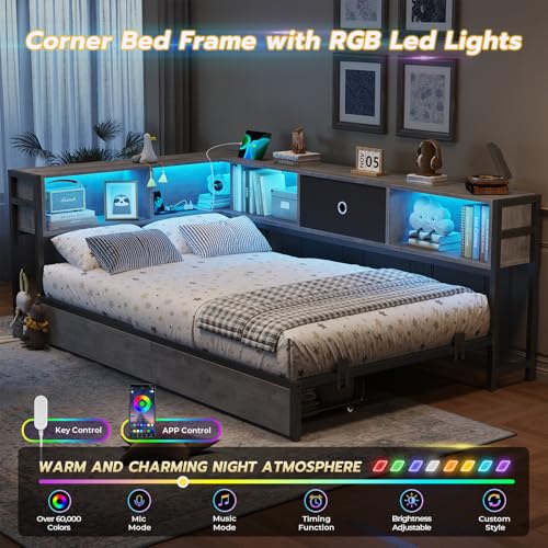 DICTAC Corner Full Bed Frame with Bookcase Storage and Led Lights Full Size Metal Platform Bed Frame with Storage Drawers & Charging Station Full