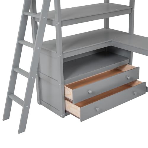 Harper & Bright Designs Twin Size Loft Bed with Wardrobe, Desk and Multiple Storage Shelves, Solid Wood Loft Bed Frame with Bookshelf