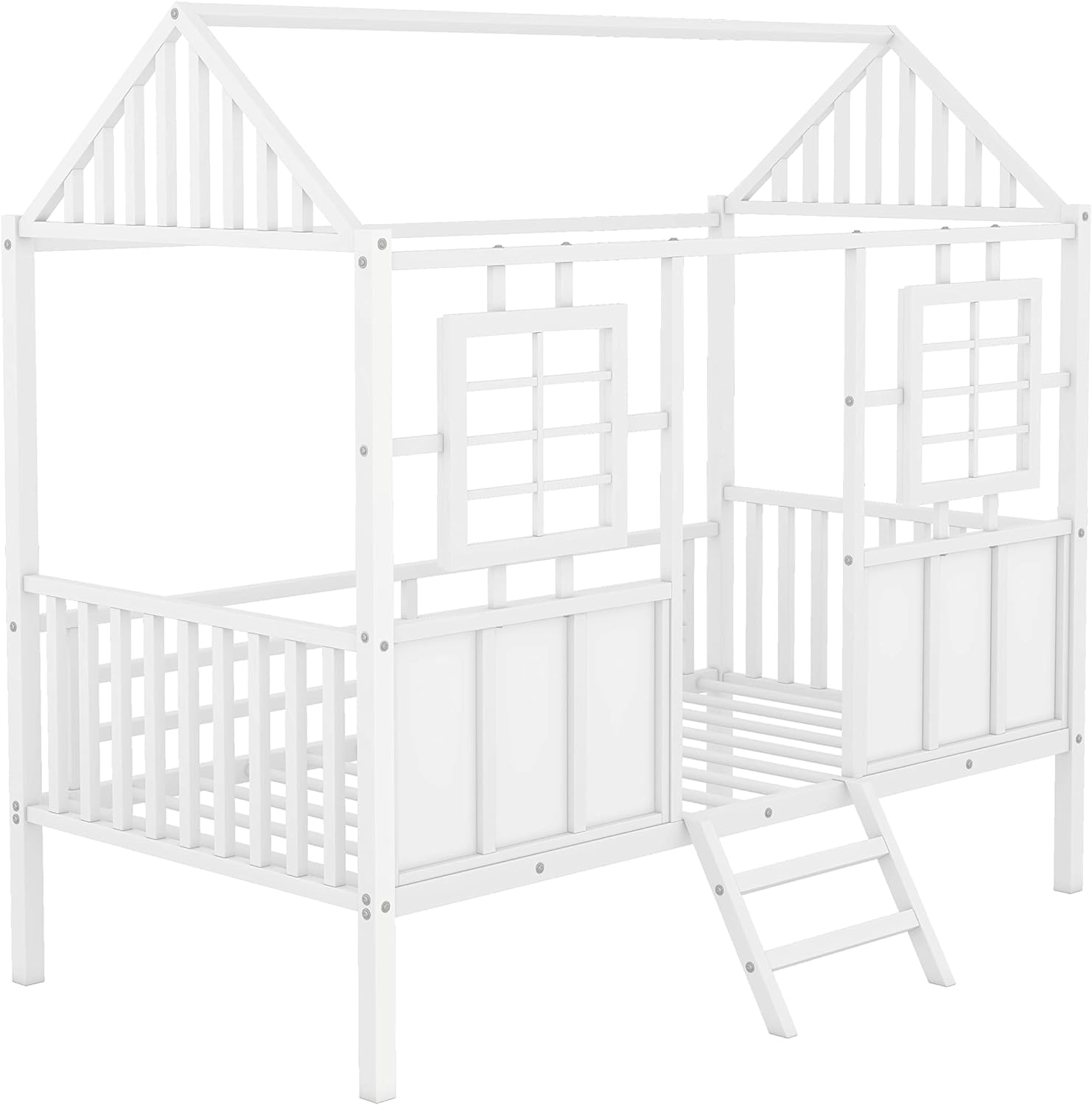 Size Low Loft Bed For Kids, Metal House Bed Frame With Roof And Two Front Windows