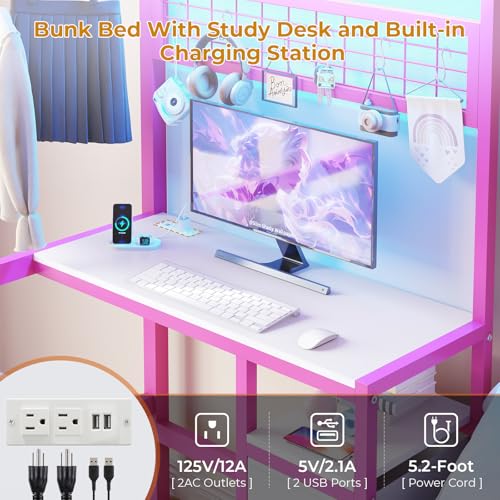 DICTAC Twin Over Twin Size Bunk Bed with Desk and Charging Station Metal Loft Bed with Led Lights & Storage Shelves and Drawers L-Shaped Bunk Bed for