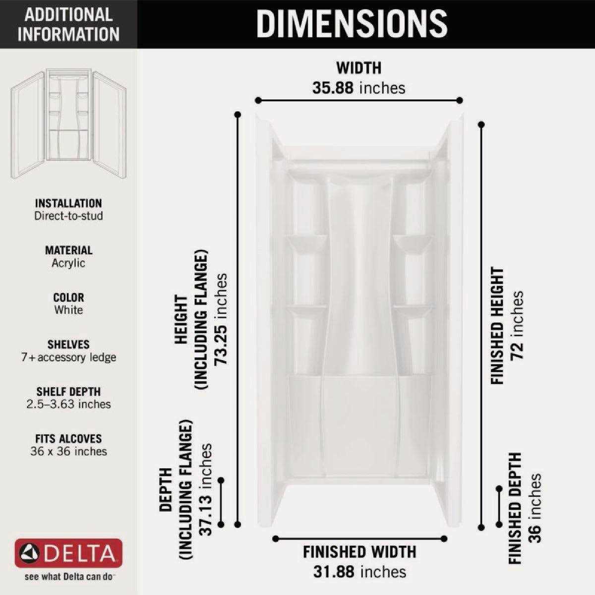 Delta Classic 500 36 in. x 73.25 in. x 36 in. Alcove Shower Wall - Shop Hardware Tools Online Store