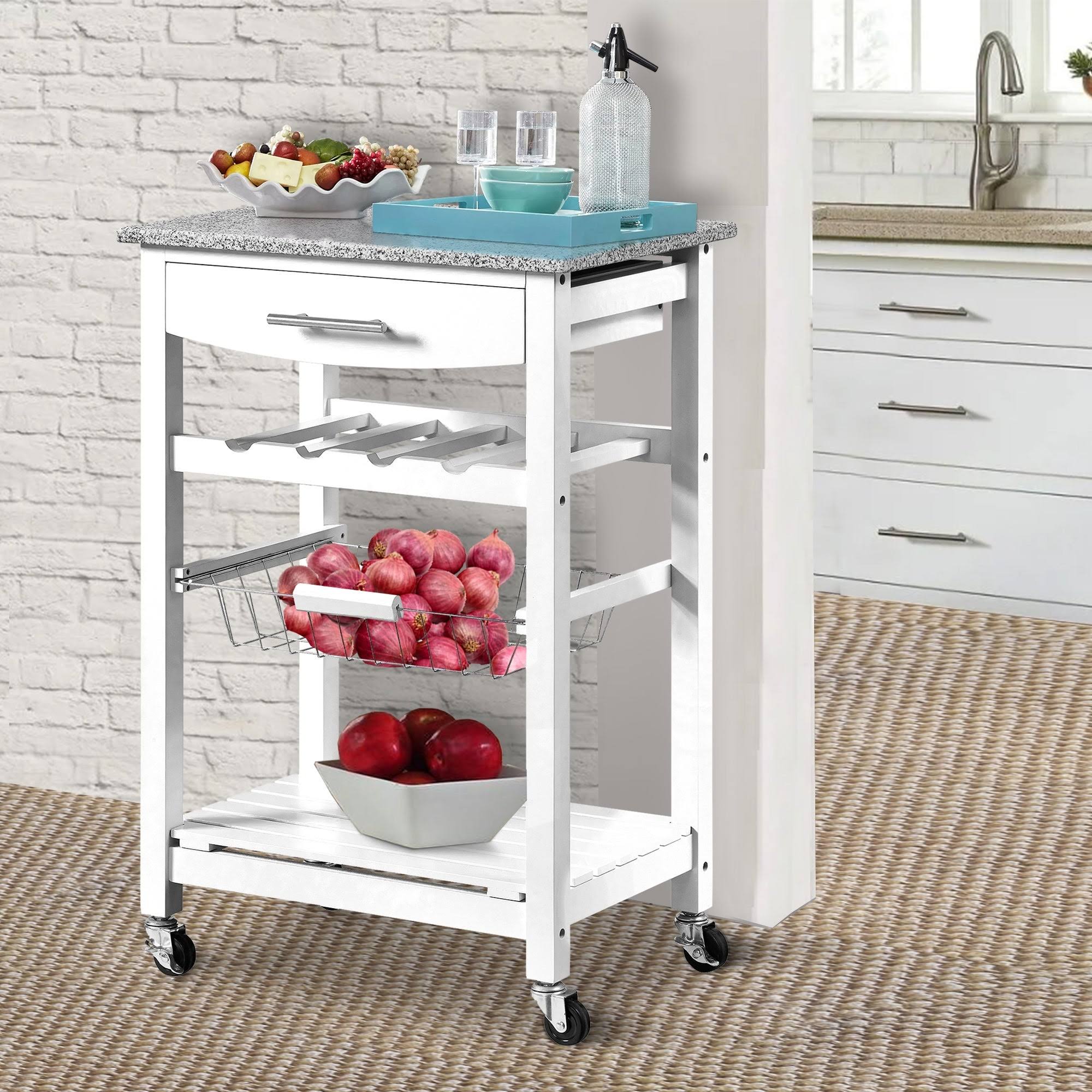 Contemporary Style Kitchen Island with Granite Top and Casters White