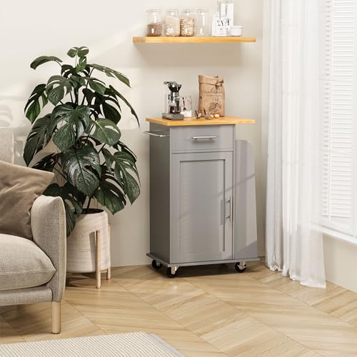 Shintenchi Rolling Kitchen Island Cart with Folding Drop Leaf Breakfast Bar, Portable Trolley Island with Large Storage Cabinet, Shelf and Drawer