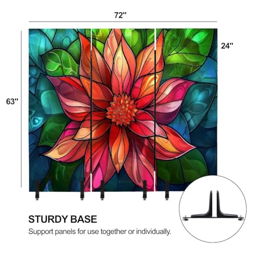 3 Panels Freestanding Acoustic Room Divider Vibrant Stained Glass Flower Illustration Soundproof Privacy Screen Folding Sound Absorbing Partition