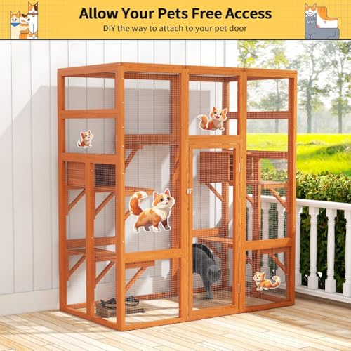 COZIWOW 70Inches Large Stable Spacious Wooden Catio Outdoor Cat Enclosure with Perches and Condos, Cat Cage Indoor with Waterproof Roof