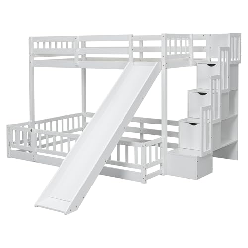 Twin Over Full Bunk Bed - Modern Wooden Floor Bunk Bed with Slide, Storage Staircase & Safety Fence Guardrails