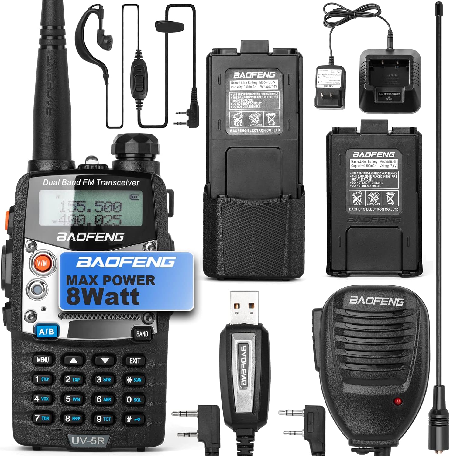 BaoFeng UV-5R Pro Ham Radio with 2 Rechargeable Battery, Dual-Band 2-Way Radio Handheld Walkie Talkies with Earpiece and Programming Cable (2 Pack)