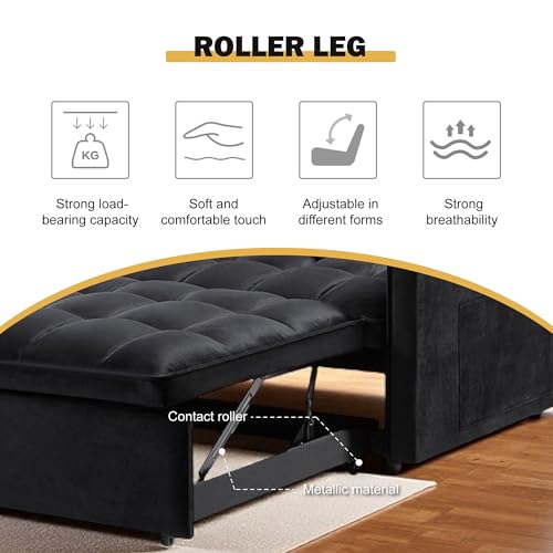 3 in 1 Sleeper Sofa Bed, Futon Sofa Bed for Living Room with Side Pocket, Black Sleepers Sofa Couch with Pullout Bed