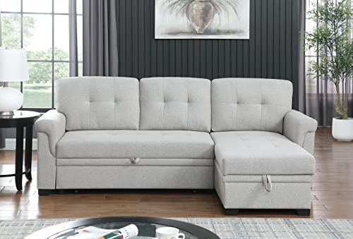L-Shaped Pull Out Sleep Sofabed,Modern Reversible Sleeper Sectional Sofa Chenille Upholstered Button Tufted Decor with Storage Chaise