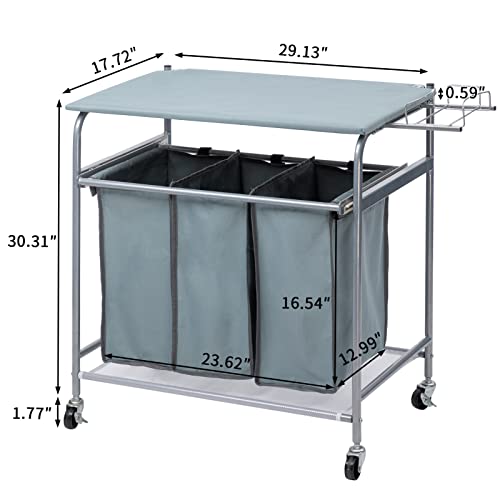 ALIMORDEN Laundry Sorter with Ironing Board Iron Rack Rolling Laundry Basket with Side pull 3-Bag Heavy-Duty Laundry Room Organizer Clothes Hamper