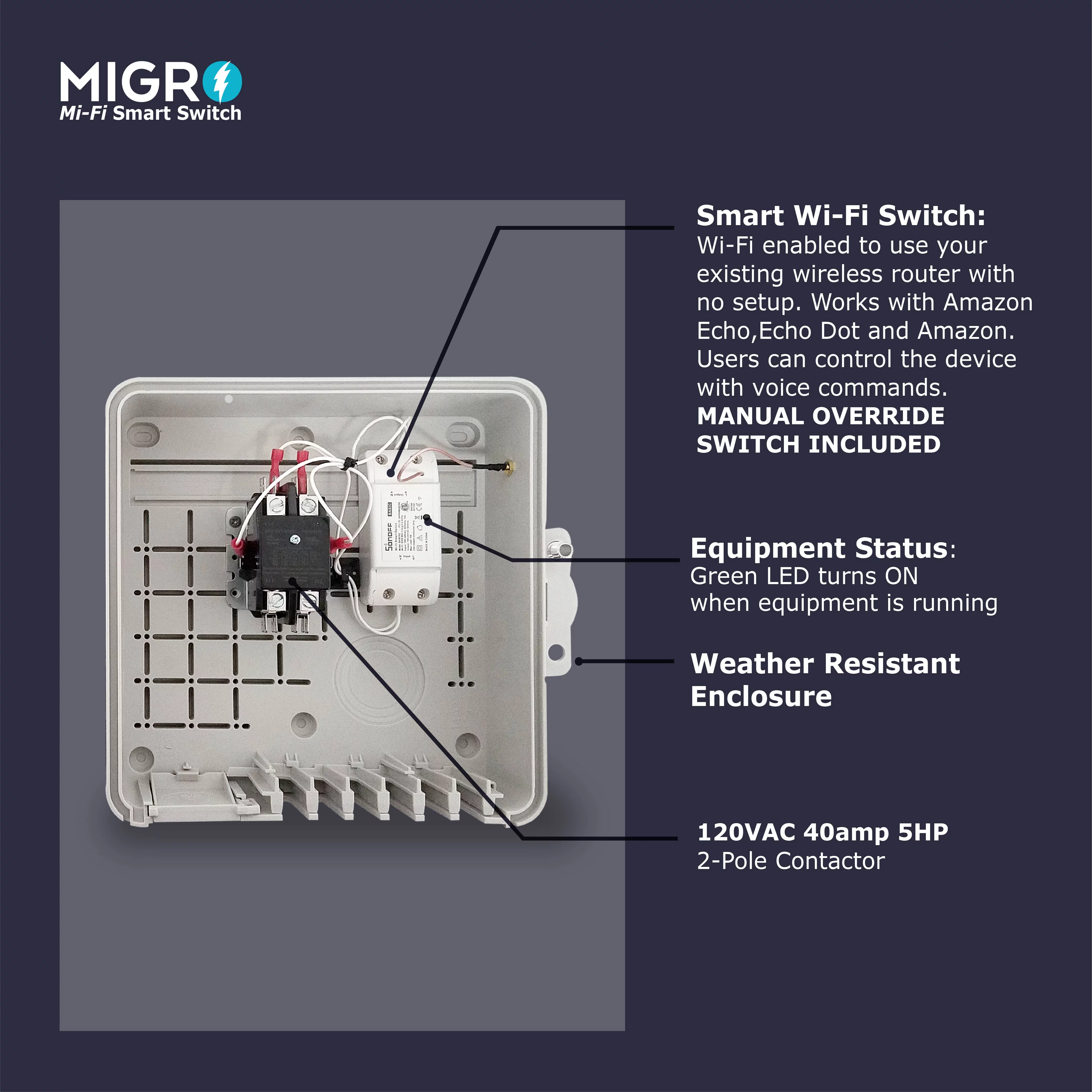 MIGRO Outdoor Smart Wi-Fi Outlet Box, Heavy Duty 50A Resistive 120VAC 40A 5HP Wireless Pump Control Timer Switch, Compatible with Smart Phone, Alexa