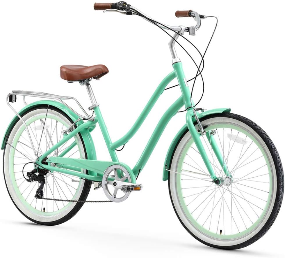 sixthreezero EVRYjourney Women's 7-Speed Beach Cruiser Bike with ProsourceFit Wicker Front Basket for Cruising and Commuting