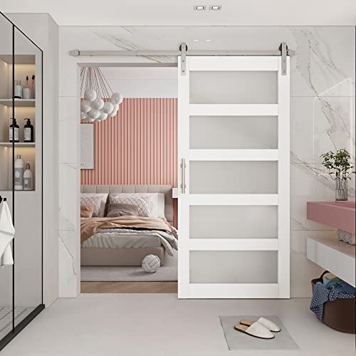 BARNSMITH 42in x 84in Glass Barn Door with 7FT Sliding Door Hardware Kit Included & Handle