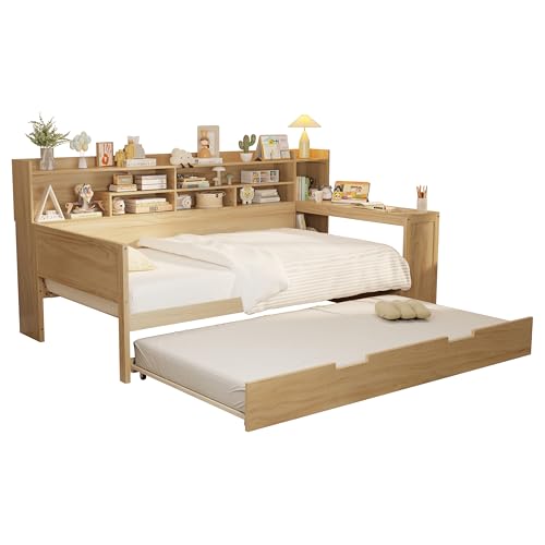 Corner Twin Bed Frame with Bookcase Storage and Desk, Wood Day Beds with 2 Drawers, Twin Size Daybed with Storage for Living Room