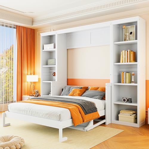 Queen Size Murphy Bed Wall Bed with Desk and Closet,Drawers and Shelves,for Small Spaces Studio Study Office Guest Room Use (Gray#Desk, Queen)