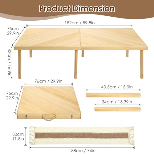 Folding Picnic Table with Table Runner, Portable Boho Low Picnic Table for Indoor Outdoor, 60" x 30" Wooden Table with Adjustable Heights for Camping