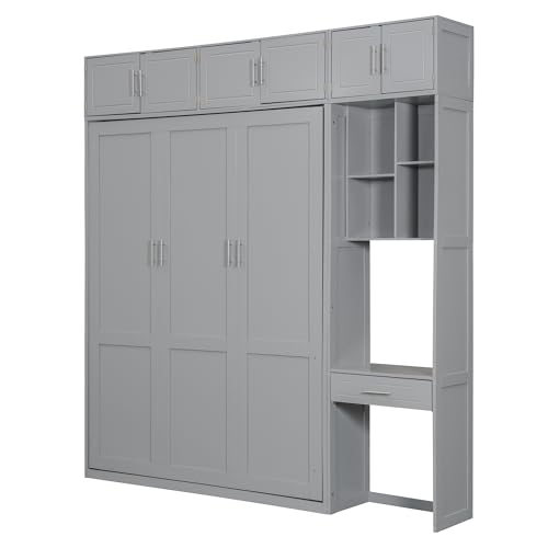 P PURLOVE Wood Twin Murphy Bed with Light and USB, Modern Wall Bed with Top Cabinet and Storage Shelves, Space Saving, No Box Spring Needed (Gray)