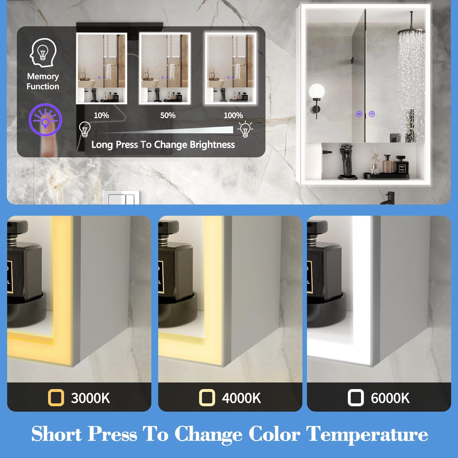 LALAHOO Bathroom Medicine Cabinet with 3-Color Mode Led Lights 28 x 20 Inch Recessed Medicine Cabinet or Surface Mount Medicine Cabinet with Socket