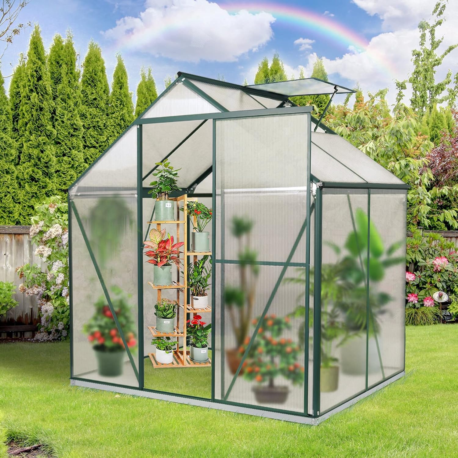 2021 Upgraded 6'x8' Hobby Greenhouse, Polycarbonate Aluminum Green House w/ Window for Winter,Heavy Duty Greenhouses Kit for Outdoor Use