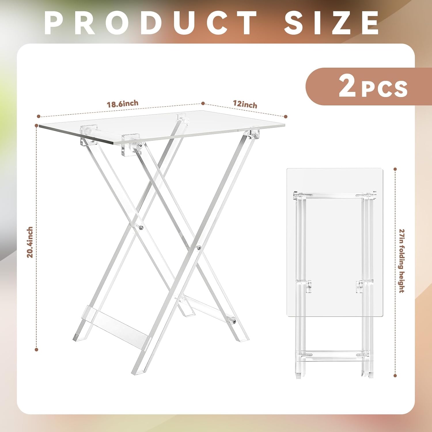 2 Pcs Acrylic Foldable TV Dinner Table Clear Small Folding TV Tray Table Space Saving Acrylic Dining Table for Eating Snack Coffee Bed Desk Side
