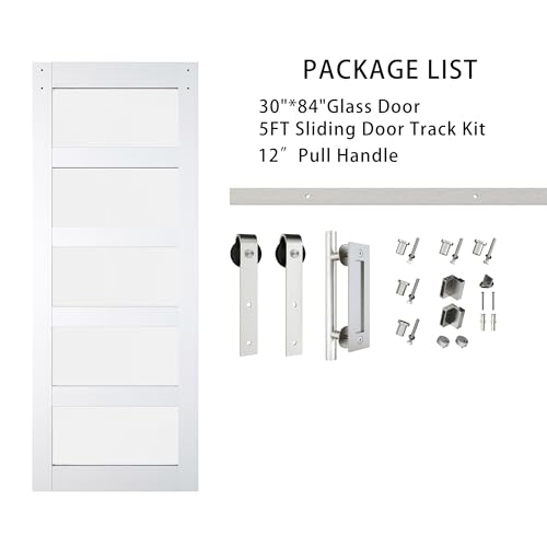 BARNSMITH 42in x 84in Glass Barn Door with 7FT Sliding Door Hardware Kit Included & Handle