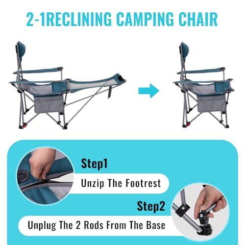 #WEJOY 2-in-1 Reclining Camping Chair with Footrest for Adults Folding Lounge Chair with Adjustable Backrest Lightweight Camping Chairs Heavy Duty