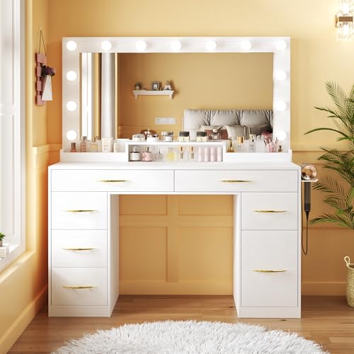 Vanity Desk with Large Mirror and Lights, 45.3in Makeup Vanity with Power Outlet 9 Drawers & Storage, 3 Lighting Color Adjustable