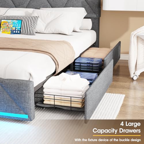 Vabches Queen Bed Frame with Storage Headboard and 4 Drawers,Upholstered Platform with Charging Station and Led Lights,Adjustable Headboard