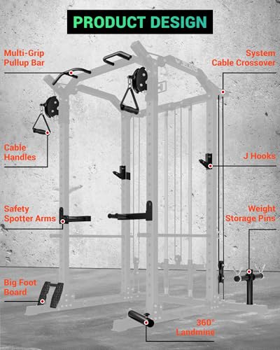 C11 Multi-Function Power Rack, 2000 lbs Power Cage with Adjustable Cable Crossover System and More Training Attachment