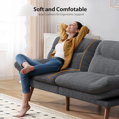 Pipishell Convertible Futon Sofa Bed,66" Corduroy Futon Couch with Adjustable Backrest and Armrests, Recliner Sleeper Sofa for Small Spaces