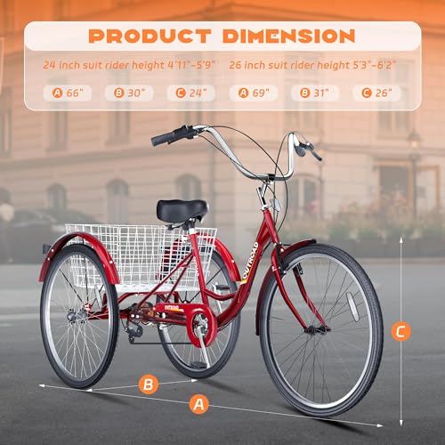 7-Speed Adult Tricycle with Large Basket 24/26 Inch, Stable 3-Wheel Cruise Bicycle for Shopping, Beach and City Trike Perfect for Men, Women