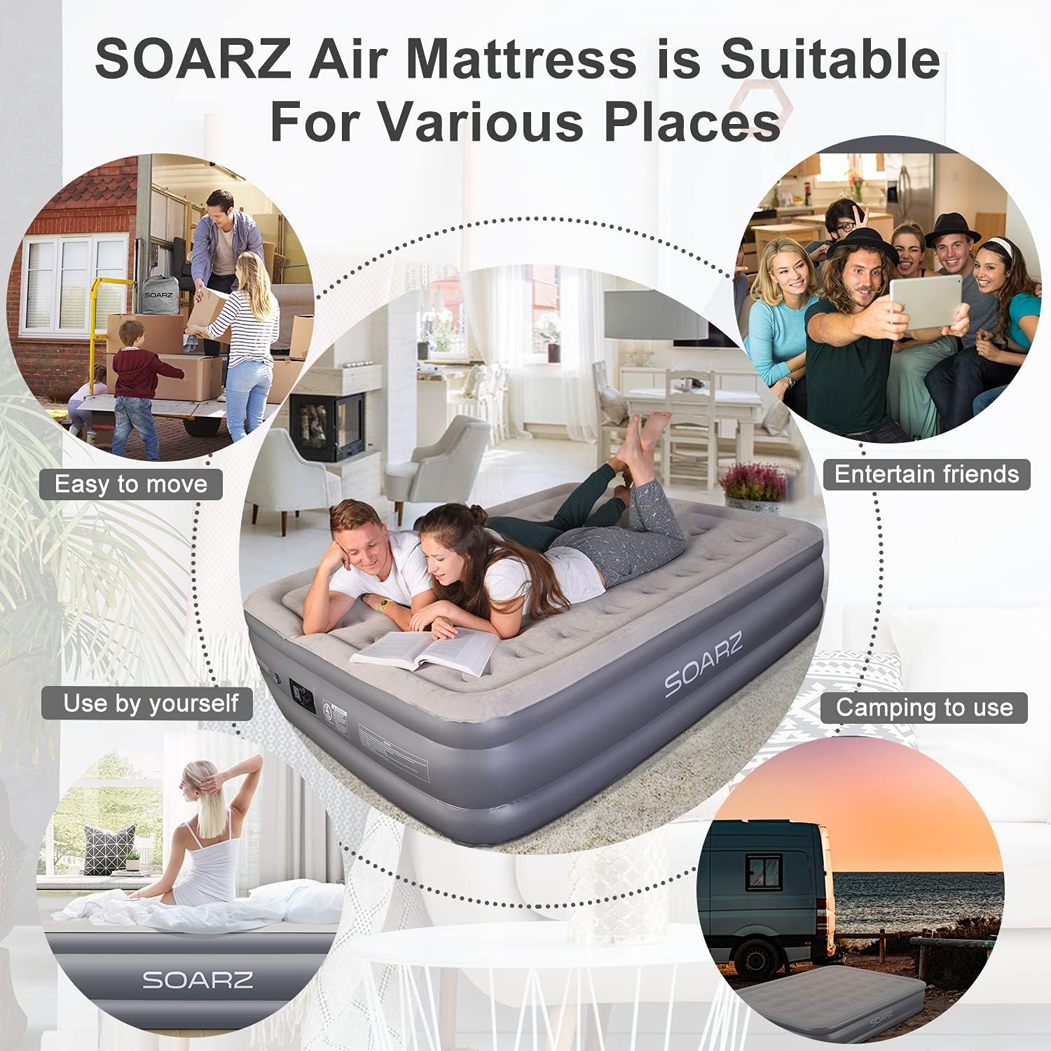 SOARZ Air Mattress Queen with Built-in Pump, Upgraded Double High Luxury Flocked Top Airbed for Home Camping Travel and Indoor Use