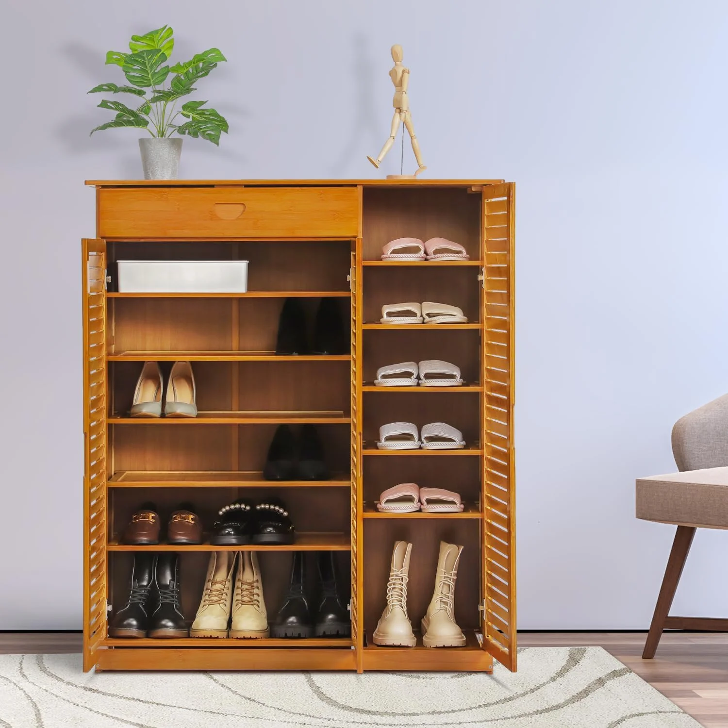 Bamboo Multi-Tier Shoe Storage Cabinet With Drawer & Shutter Door For Narrow Closet, Hallway, Living Room