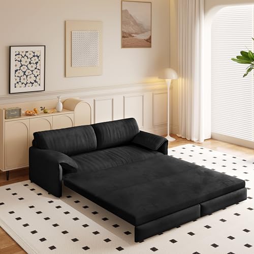70.1" Futon Sofa Bed Queen Size, Pull Out Bed, 3-in-1 Convertible Sleeper Sofa with 2 Soft Pillows, Modern Velvet Futon Couch for Living Room