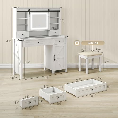 HOMCOM Farmhouse Vanity Desk with Mirror, LED Lights Makeup Vanity Table with 42 Inch Glass Tabletop, Cushioned Stool, Drawers & Shelves & Cabinet