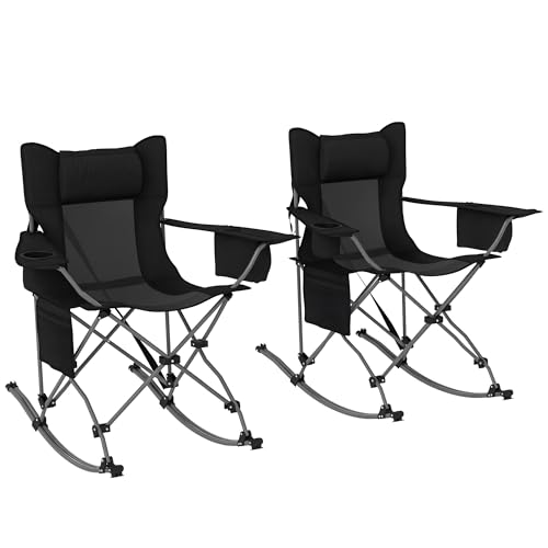 Outsunny Folding Rocking Camping Chairs for Adults, Portable Outdoor Rocking Chairs with Headrest, Cooler Bag, Cup Holder