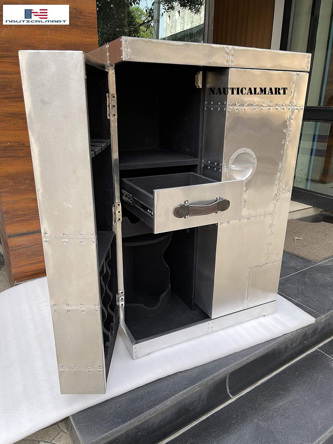 NauticalMart Aluminum Trunks Wine Style Wine Cabinet - Vintage Aviator Furniture