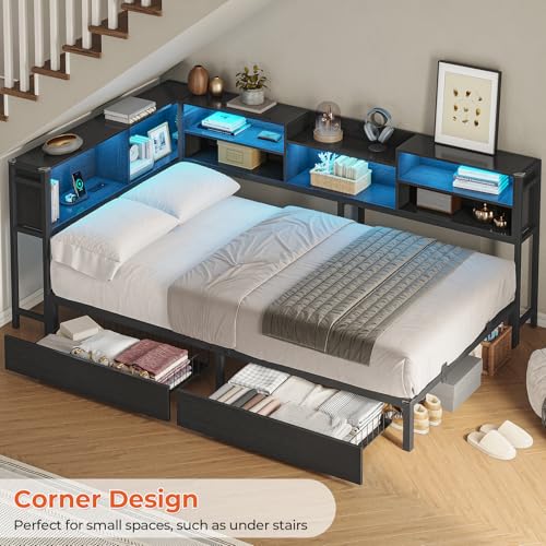DICTAC Corner Twin Bed Frame with Bookcase Storage and Led Lights Metal Twin Size Platform Beds with Storage and Charging Station Twin Daybed with 2