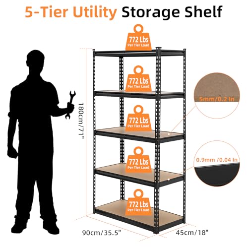 GarveeHome Garage Storage Shelves, 5-Tier Utility Shelves, Adjustable Storage Shelves, Industrial Shelving
