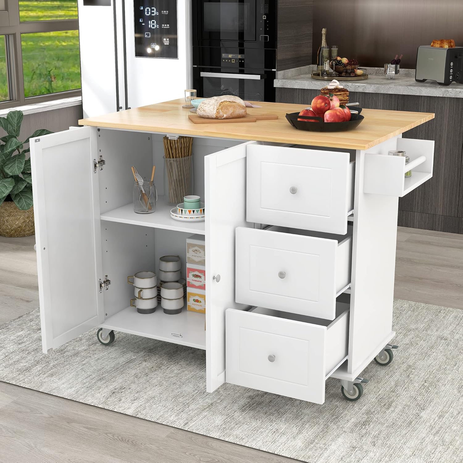 52.7 Inch Width Kitchen Island with 3 Drawers and Internal Storage Racks, Rolling Kitchen Cart with Towel Rack and Locking Wheels, Spice Rack