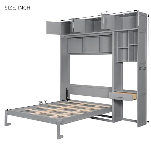 P PURLOVE Wood Twin Murphy Bed with Light and USB, Modern Wall Bed with Top Cabinet and Storage Shelves, Space Saving, No Box Spring Needed (Gray)