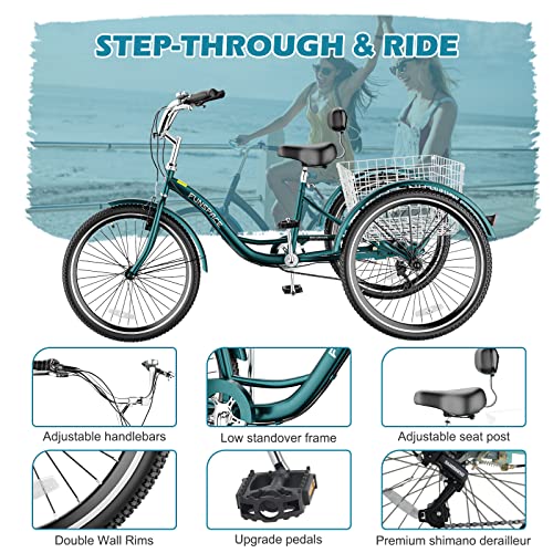 NAIZEA Adult Tricycle, 7 Speed Three Wheel Cruiser Bike, 20/24/26 inch Adult Trikes 3 Wheel Bikes with Large Basket for Seniors, Adults, Women, Men