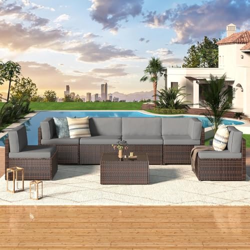 U-MAX 7 Piece Outdoor Patio Furniture Set, PE Rattan Outdoor Wicker Sectional Furniture Chair Set with Cushions and Tea Table