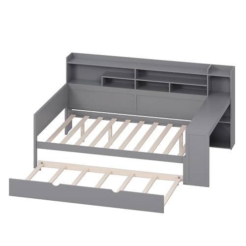 Bellemave Twin Corner Bed Frame with Storage Shelves and Desk, Wood Twin Size Daybed with Bookcase and Drawers and Storage, Gray